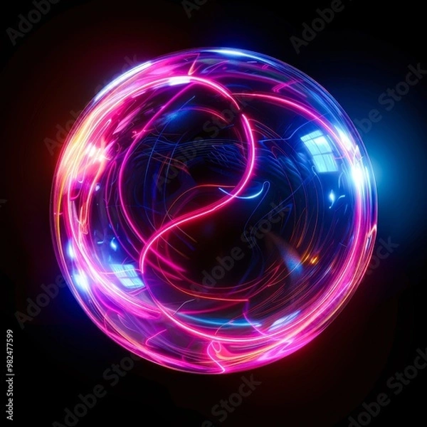 Fototapeta A vibrant glowing sphere with neon lights swirling inside, set against a dark background, ideal for tech, sci-fi, or energy-themed projects,