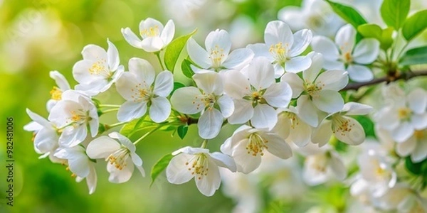 Fototapeta Tiny, ivory-hued crabapple blossoms emerge from the soft haze, their intricate details etched against a blurred
