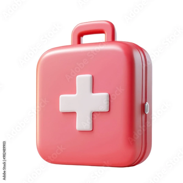 Fototapeta A vibrant red first aid kit with a white cross symbol, ideal for health and safety concepts in medical imagery., isolated on a transparent background.
