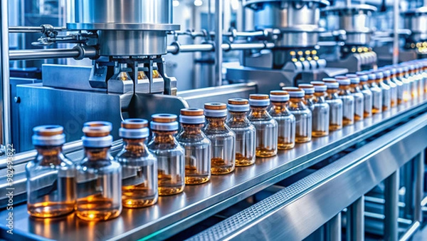 Fototapeta Modern pharmaceutical factory's high-tech production line manufactures vaccines in sterile glass vials, ensuring consistent drug supply for global healthcare, utilizing advanced machinery equipment.