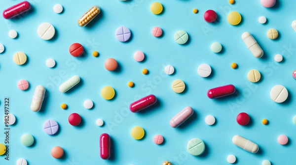 Fototapeta A blue background shows a pattern of pills and capsules, representing the prescription process. This image symbolizes the connection between healthcare, technology, and science.
