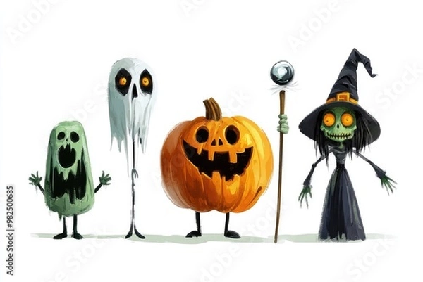 Fototapeta A Cartoon Witch, Ghost, Pumpkin, and Another Ghost Standing in a Row