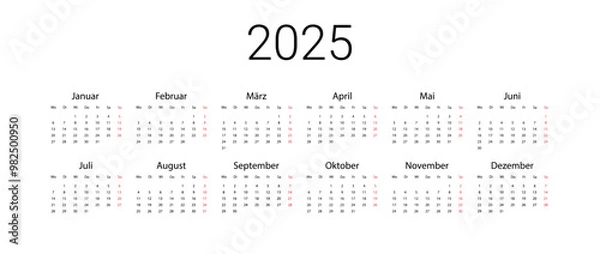 Obraz Germany 2025 calendar. Vector design template start from monday. Full months for wall calendar