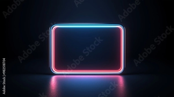 Fototapeta Glowing neon rectangle frame on dark background. Retro futuristic concept. Image for poster and game interface. Front view with reflection effect and copy space.