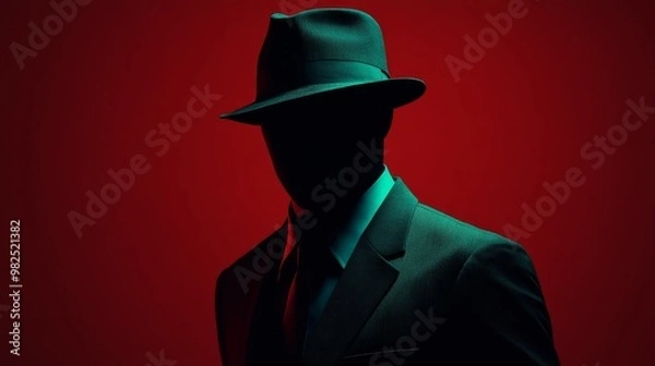 Fototapeta A man wearing a hat and a suit is standing in front of a red background