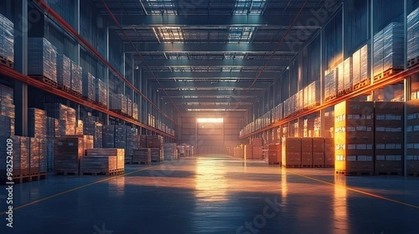 Fototapeta  Large, organized warehouse with towering shelves, neatly stacked boxes, and sunlight streaming in, reflecting efficient logistics and storage management.