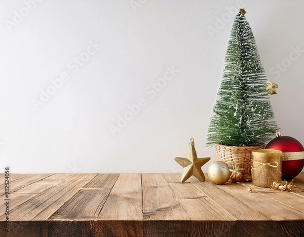 Fototapeta christmas decoration on a wooden table infront of a white wall with empty space for text