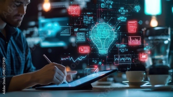 Fototapeta A personal consulting session at a cafe, where the consultant presents ideas on a tablet, the background alive with digital marketing trends