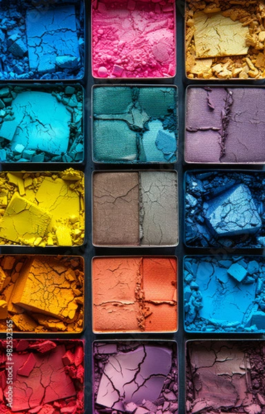 Fototapeta A close up of a palette of makeup with a variety of colors. The palette is made up of many small squares, each with a different color. The colors are bright and vibrant, creating a sense of energy