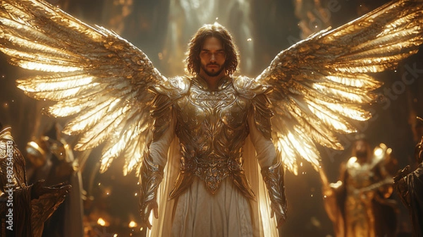 Obraz radiant male angel in golden armor with large glowing wings, standing in a divine hall filled with light