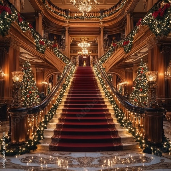 Obraz Opulent Grand Christmas Staircase with Elegant Holiday Decorations