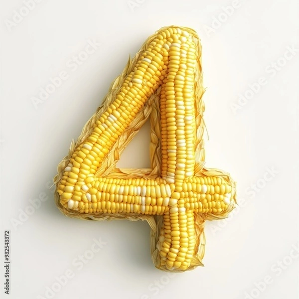 Fototapeta 3D number 4 with corn texture realistic modern design, soft lighting, white background.