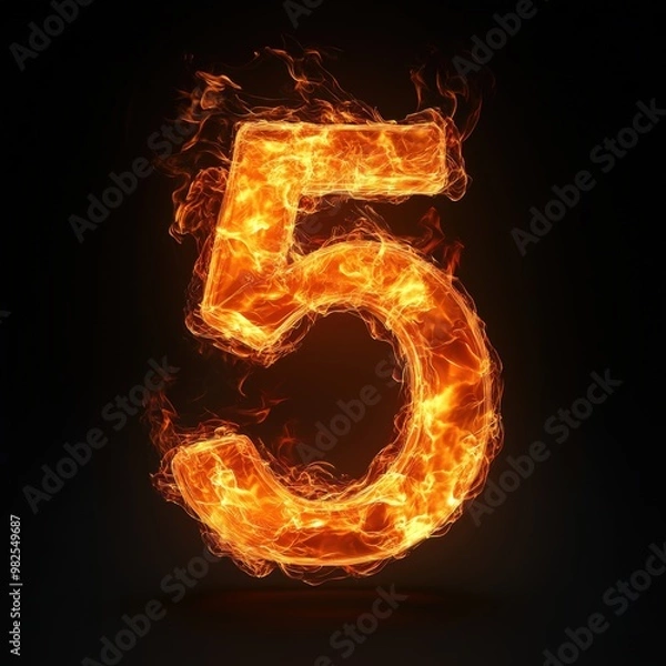 Fototapeta 3D number 5 with fire texture realistic modern design, soft lighting, black background.