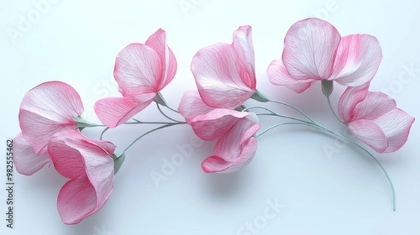 Fototapeta Elegantly Designed 3D Sweet Pea Flower Cluster on White Background at 45-Degree Angle