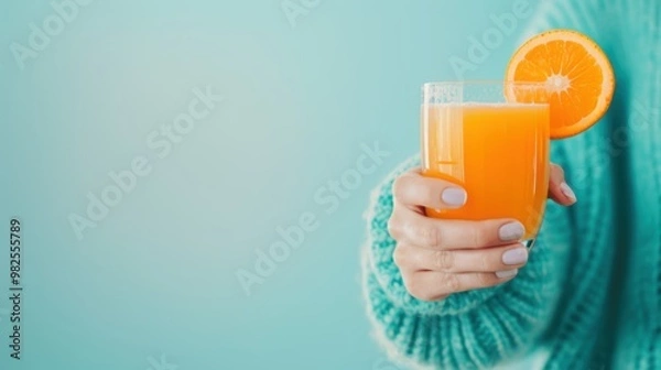 Fototapeta A person holding a glass of freshly squeezed orange juice, highlighting the importance of starting the day with a healthy drink.