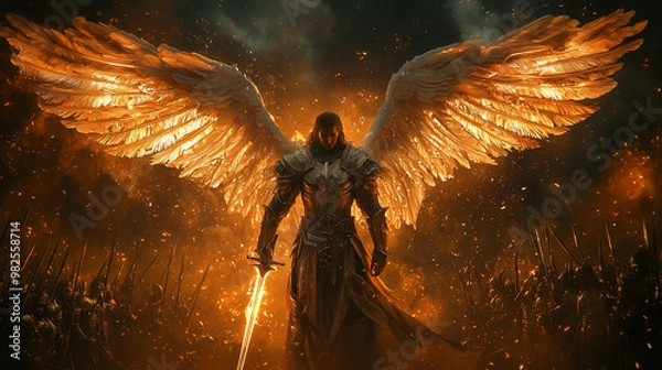 Fototapeta golden-winged male angel standing with a flaming sword in radiant armor before an army on the battlefield