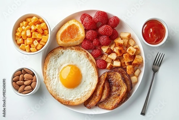 Fototapeta Healthy breakfast with egg, fruit, and toast