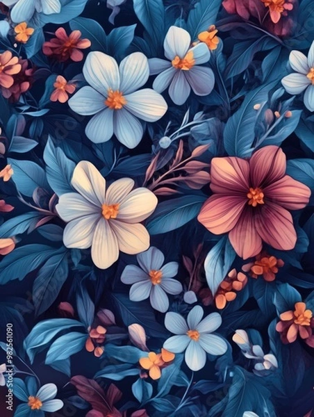 Fototapeta Colorful floral design with flowers and leaves on a background.