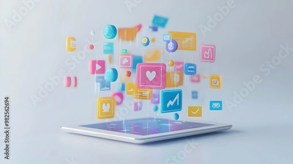 Fototapeta 3D Glossy Tablet with Holographic Coupon and Floating Business Icons on White Background - Modern Digital Marketing Concept for Branding and Promotion