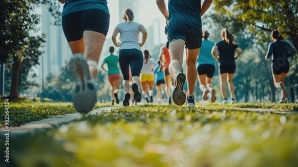 Obraz Group jogging together in a city park, raising awareness about heart health and prevention through cardio close up, community fitness, dynamic, fusion, urban green space backdrop
