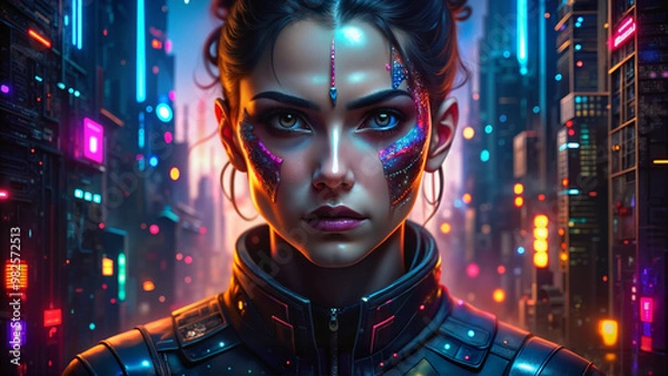 Fototapeta Cyberpunk woman with glowing facial enhancements in neon-lit futuristic city
