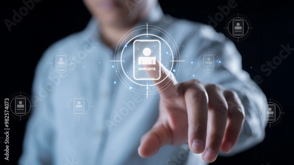Fototapeta Employee Relationship Management Concept - Business Person Touching Human Icon and Global Technological Structure, Employee Communication, Network Solutions