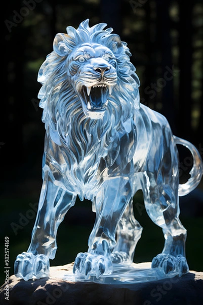 Fototapeta An intricately carved ice sculpture of a lion, showcasing stunning craftsmanship and glistening details in a natural setting.