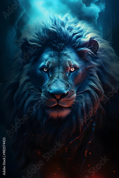 Fototapeta Majestic blue lion portrait, illuminated by a mystical glow, representing strength and power in a surreal environment.