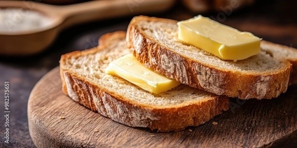 Fototapeta Two slices of bread with a pat of butter on one.