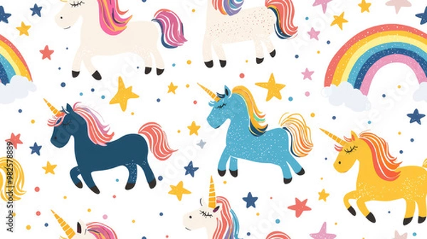 Obraz pattern. Delightful vector design showcases cute unicorns in various colors surrounded by stars, rainbows, and whimsical sparkles, creating a charming and vibrant pattern.