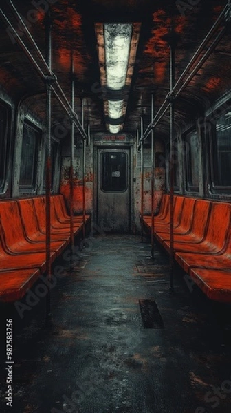 Fototapeta Empty Subway Train Car with Dim Nighttime Lighting