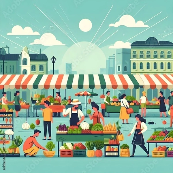 Fototapeta Flat Design Busy Street Market