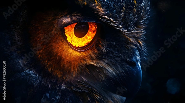 Obraz Close-up of a majestic owl's eye, showcasing stunning details and vibrant colors, perfect for wildlife and nature enthusiasts.