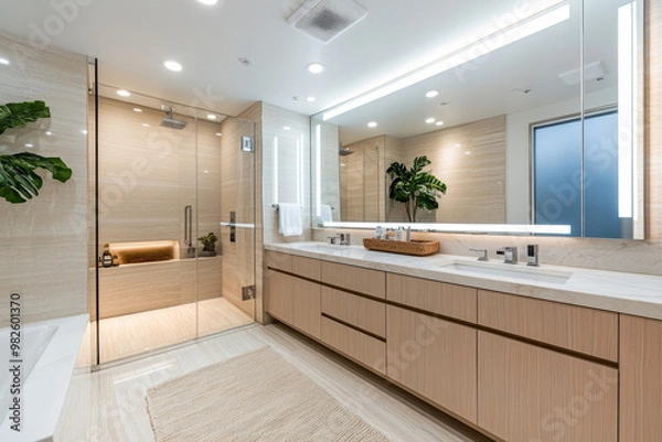 Obraz Cozy and Natural Modern Bathroom with Light Wood Cabinetry