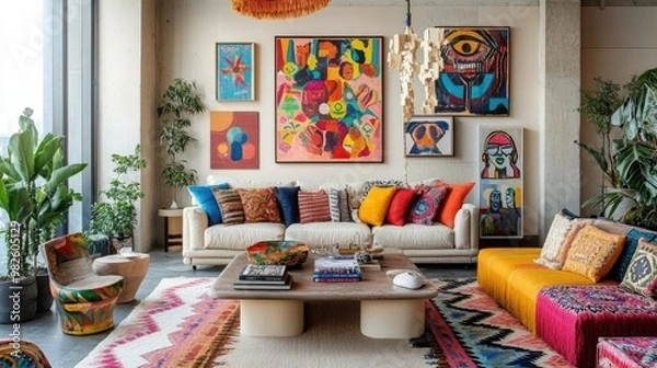 Fototapeta A bright living room with colorful decor, featuring bold artwork on the walls, vibrant cushions on the sofa, and a mix of patterns and textures that express personality.