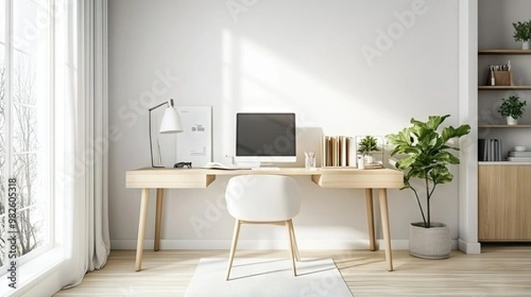 Fototapeta A bright Nordic-style home office with a simple desk, light wood furniture, and clean lines. The blank wall behind the desk offers ample space for copy.
