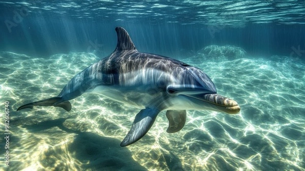 Fototapeta A close-up of a dolphin's face and sleek body swimming gracefully in clear water. The unobstructed background provides a perfect area for copy.