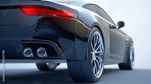 Fototapeta Sleek black sports car close-up showcasing elegant design, modern wheels, and dynamic lines, perfect for automotive enthusiasts.