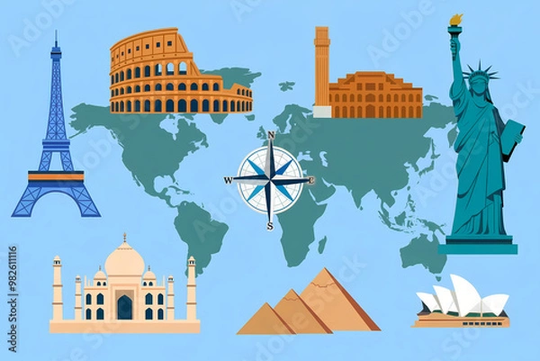 Fototapeta World landmarks and compass rose on a map illustration