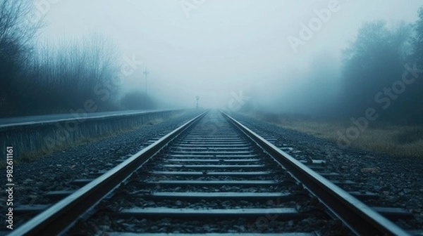 Obraz A deserted railway track leading into a foggy distance with a clean, atmospheric backdrop. The open space around the tracks is perfect for adding copy.