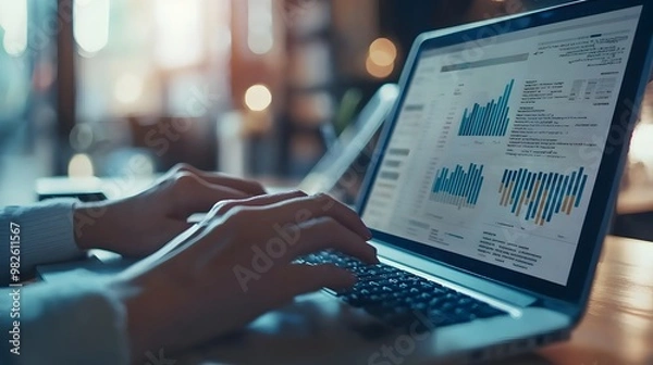 Fototapeta Analyzing Financial Data and Market Insights Through Interactive Dashboard on Laptop Screen
