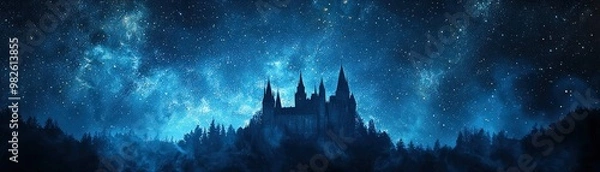 Fototapeta A dark silhouette of a castle against a starry night sky, creating a mystical and enchanting atmosphere.