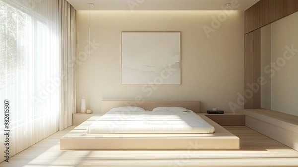 Fototapeta A minimalist bedroom with neutral tones, featuring a low-profile platform bed, modern art on the walls, and uncluttered surfaces. Simple yet elegant design.