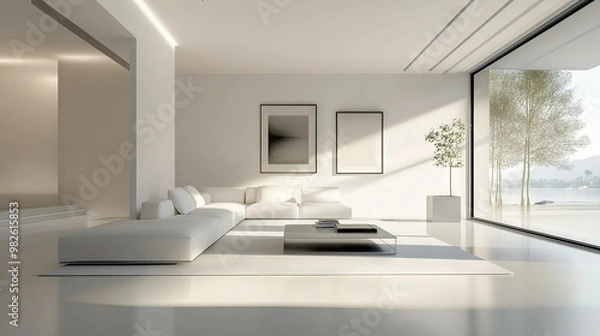 Fototapeta A minimalist living room with clean white walls, a sleek sofa, and a simple coffee table. Ample copy space in the open layout emphasizes the room's modern design.