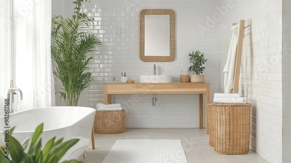 Fototapeta A Nordic-style bathroom with clean lines, light wood elements, and white tiles. Open space around the fixtures creates ample room for copy. -