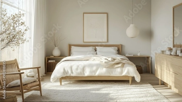 Fototapeta A Scandinavian-inspired bedroom with light wood furniture, white bedding, and minimal decor. The space feels calm and bright, with an emphasis on functionality.