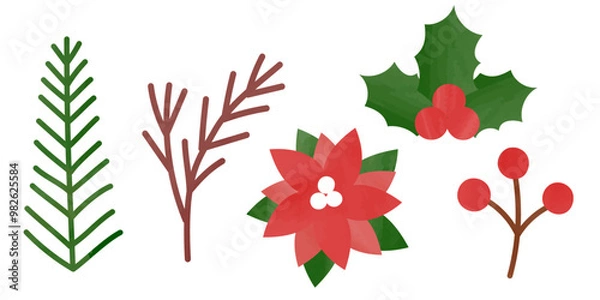 Fototapeta クリスマスの手書きの風合いの植物セット