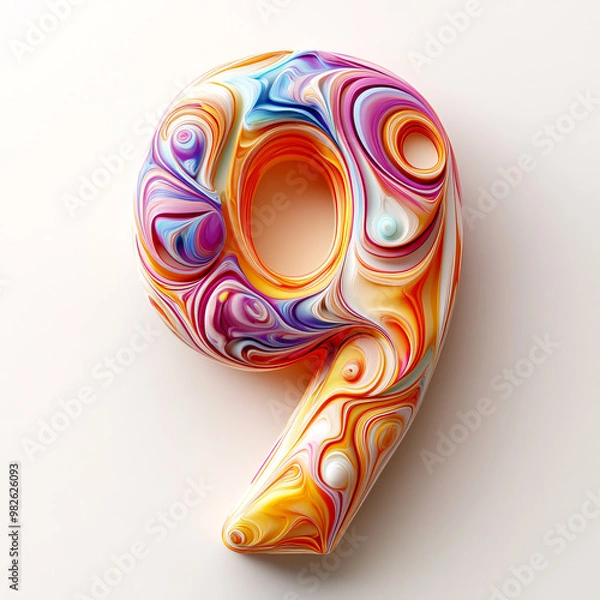 Fototapeta Color creative 3D digital 9 font design
