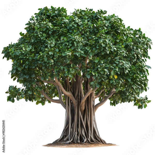 Fototapeta Large Banyan Tree with Dense Green Foliage and Aerial Roots Isolated on White Background Symbolizing Strength and Longevity, Cutout, Isolated on White Background
