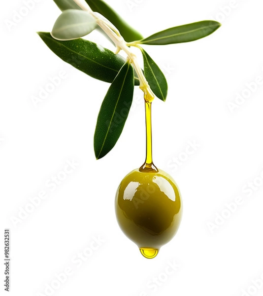 Fototapeta Fresh Green Olive with Dripping Oil Isolated on White Background Symbolizing Purity and Mediterranean Cuisine, Cutout, Isolated on White Background